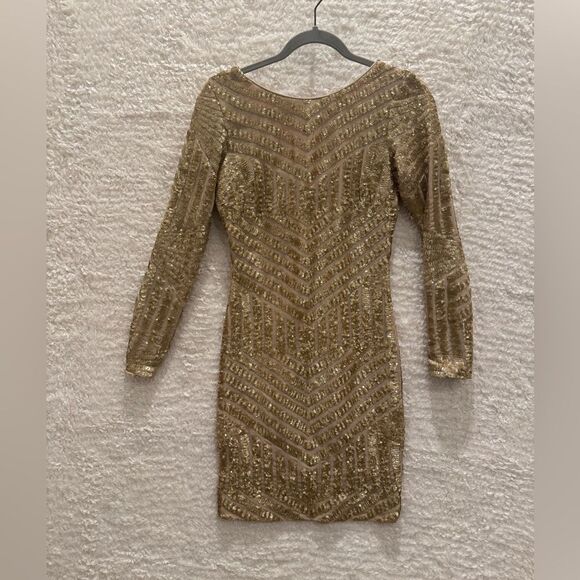 Dress the Population Gold Long Sleeve Sequin Dress holiday new years stretchy-M - Picture 5 of 11